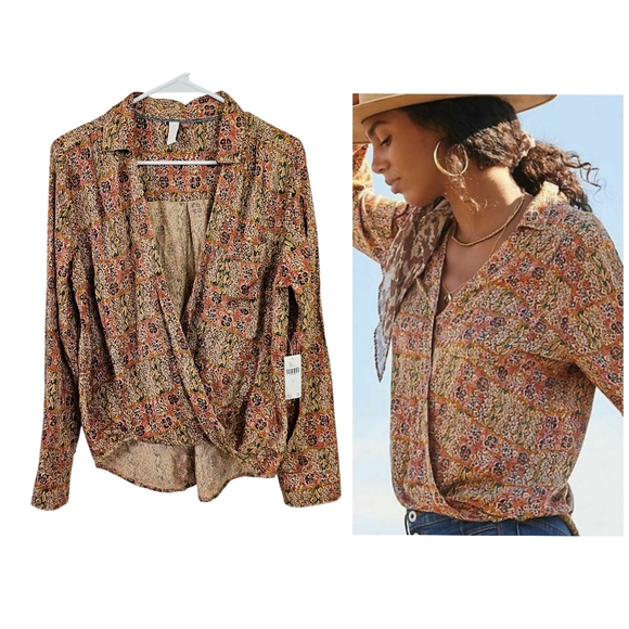 Anthropologie Pilcro Tisha Surplice Faux Wrap Collared Vneck Floral Boho Blouse - Picture 1 of 6